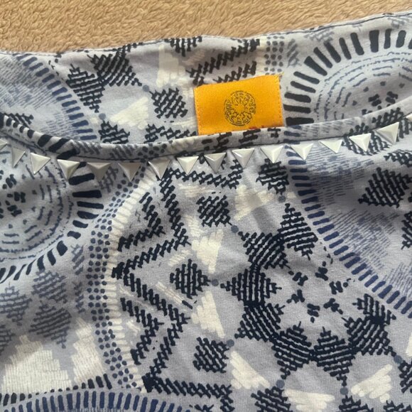 Ruby Rd Women Medium Blue Gray White Geometric Abstract‎ 3/4 Sleeve BOHO Blouse - Picture 4 of 6